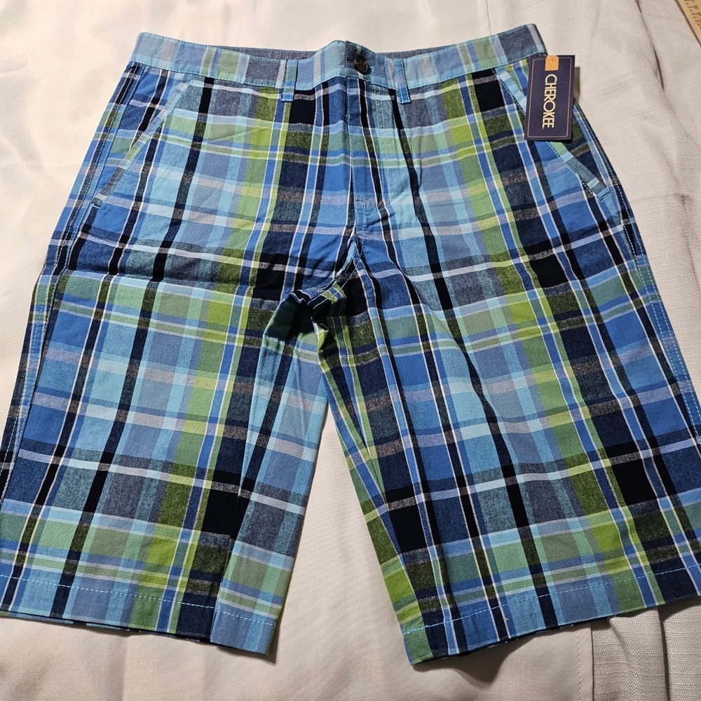Cherokee Boys 10 Husky Blue Green Plaid Flat Front Cotton Shorts NWT 10H